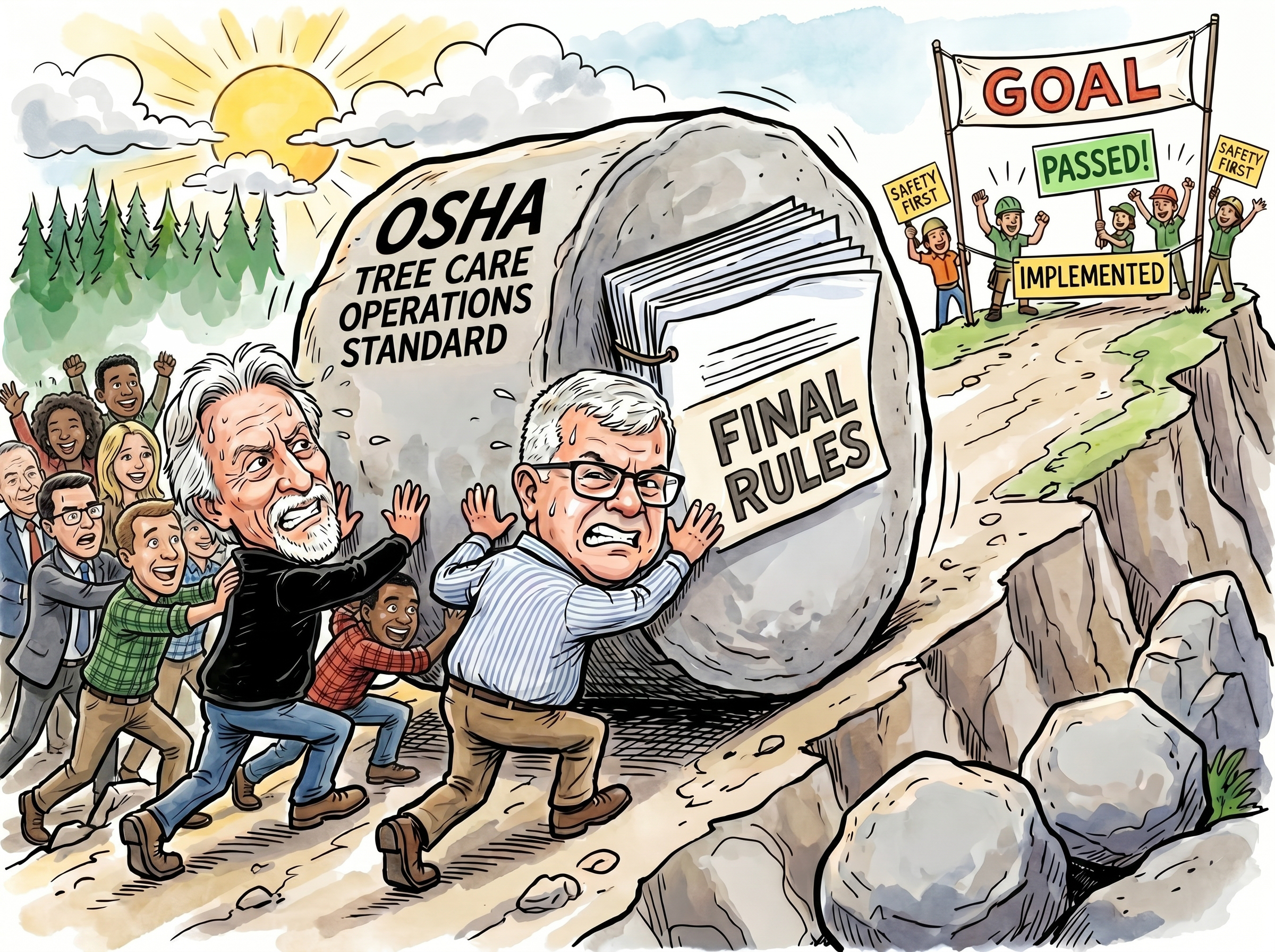 Illustrated cartoon showing a large group of people pushing a giant boulder labeled “OSHA Tree Care Operations Standard” uphill toward a finish line. The boulder contains a folder marked “Final Rules.” Two people at the front strain to move the boulder while supporters push from behind. Broken chains lie on the ground, symbolizing obstacles overcome. Ahead, workers holding “Safety First” signs celebrate near a banner reading “Goal,” with signs that say “Passed!” and “Implemented.” The scene represents the long effort to advance and finalize a dedicated OSHA Tree Care Operations standard.